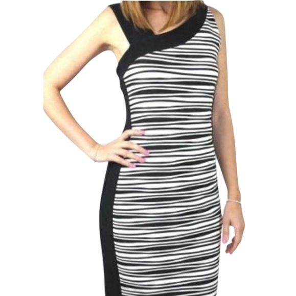 BALI Textured Striped Wave Colorblock Asymmetrical Shoulder Dress Size L - Picture 1 of 14